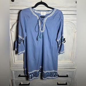 Pomegranate Inc Blue Cotton‎ Embroidered Tunic Dress Boho Peasant Cottagecore